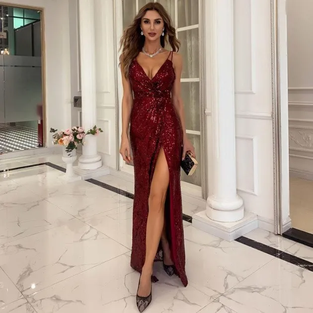 V Neck Sequin Spaghetti Strap Maxi Dress Party Dress Aubree