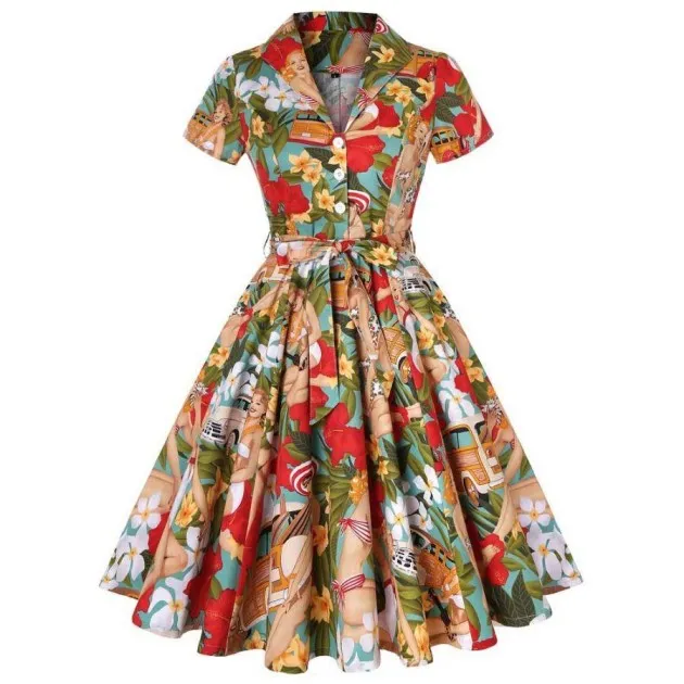 Retro Sexy Lapel Short Sleeved Print Lace Up Big Dress