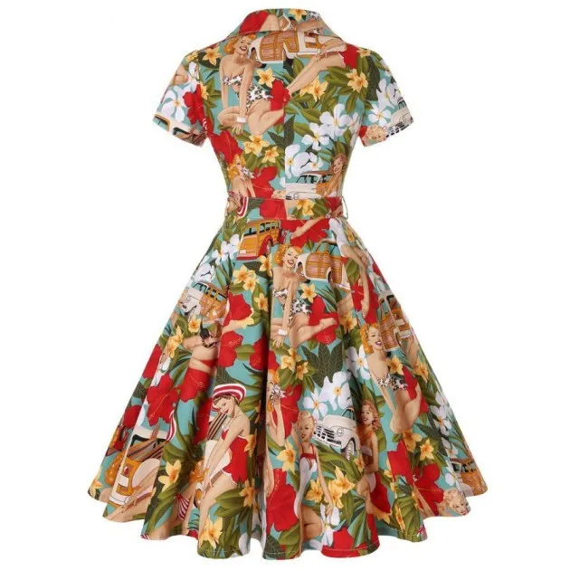 Retro Sexy Lapel Short Sleeved Print Lace Up Big Dress