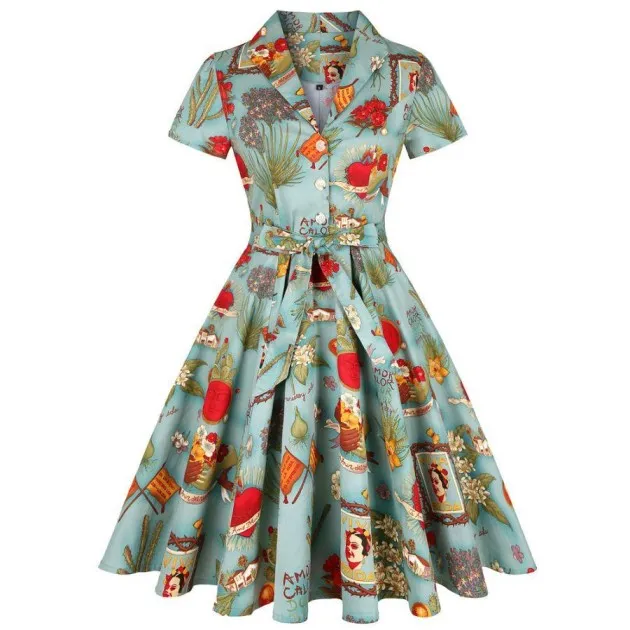 Retro Sexy Lapel Short Sleeved Print Lace Up Big Dress