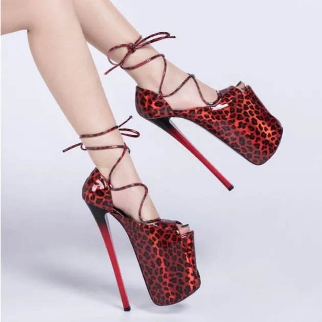 Leopard Super High Stiletto Heel 22cm Sandals Hollow Fish Mouth