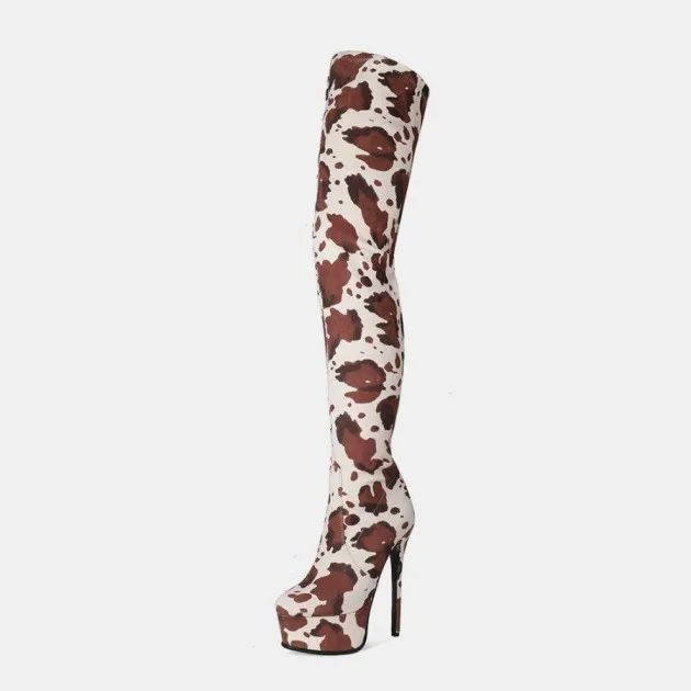 Platform Round Head Cow Pattern Over The Knee Boots