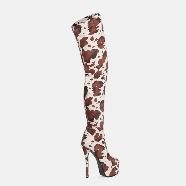 Platform Round Head Cow Pattern Over The Knee Boots