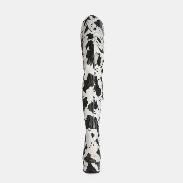 Platform Round Head Cow Pattern Over The Knee Boots