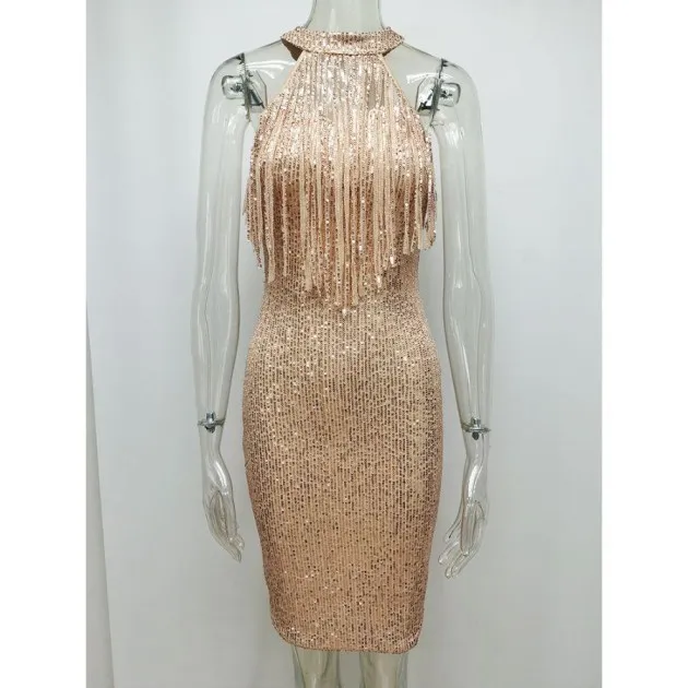 Hanging Neck Sleeveless Tassel Stitching Nightclub Sequin Dress