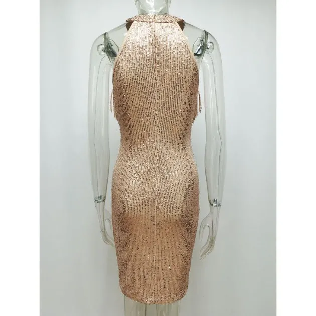 Hanging Neck Sleeveless Tassel Stitching Nightclub Sequin Dress