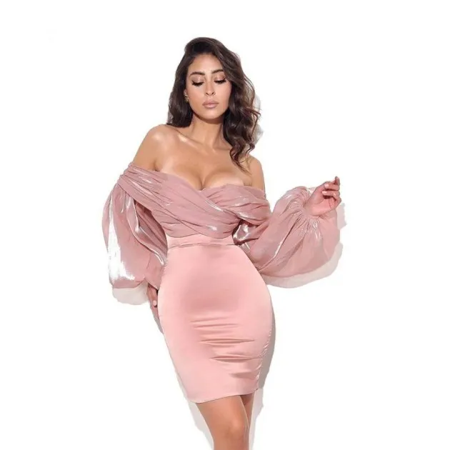 Lantern Sleeve One-Shoulder Slim-Fit Waist Tube Top Dress Alexis