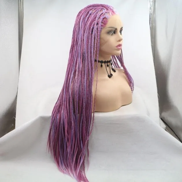 Fashionable Chemical Fiber Wig Deep Light Purple Long Straight Hair Small Braid High