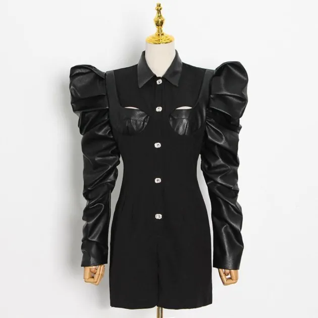 Lapel puff sleeve single-breasted jumpsuit
