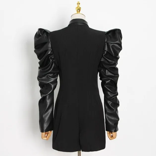 Lapel puff sleeve single-breasted jumpsuit