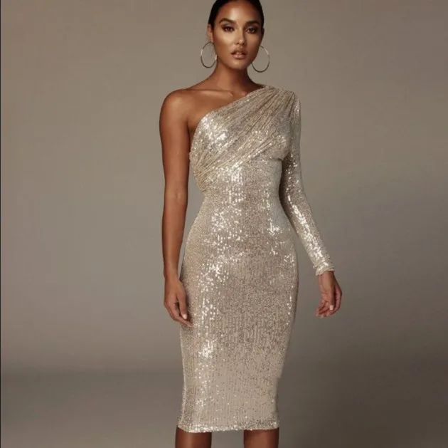 One-shoulder Dress Oblique Collar Wrapped Sequins Chest Evening Dress Annabelle