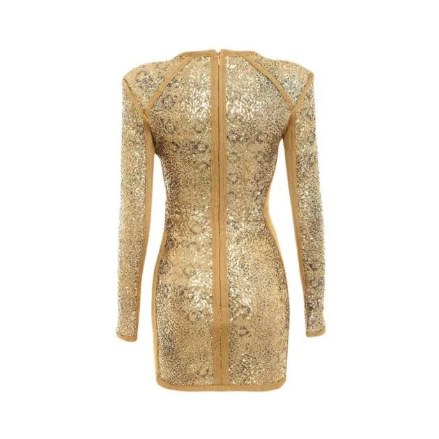 Ladies Long Sleeve Round Neck Sequined Slim Irregular Dress