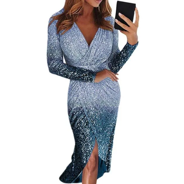 Evening Dress Gradient Sequin Evening Dress Long-sleeved