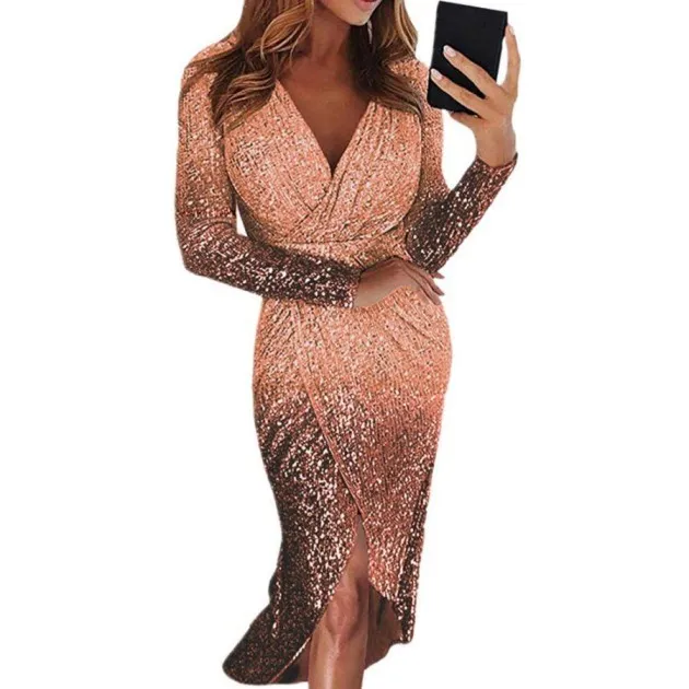 Evening Dress Gradient Sequin Evening Dress Long-sleeved