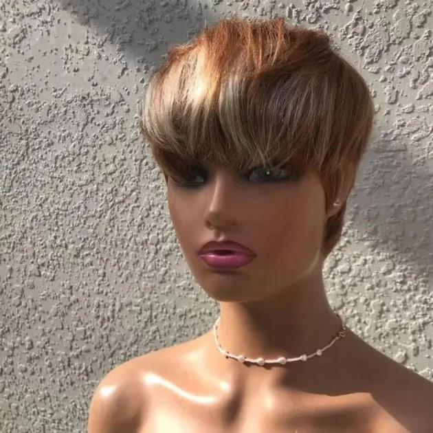 Short Hair Wigs, Brown Highlights, Golden Hair