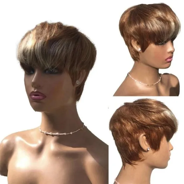 Short Hair Wigs, Brown Highlights, Golden Hair