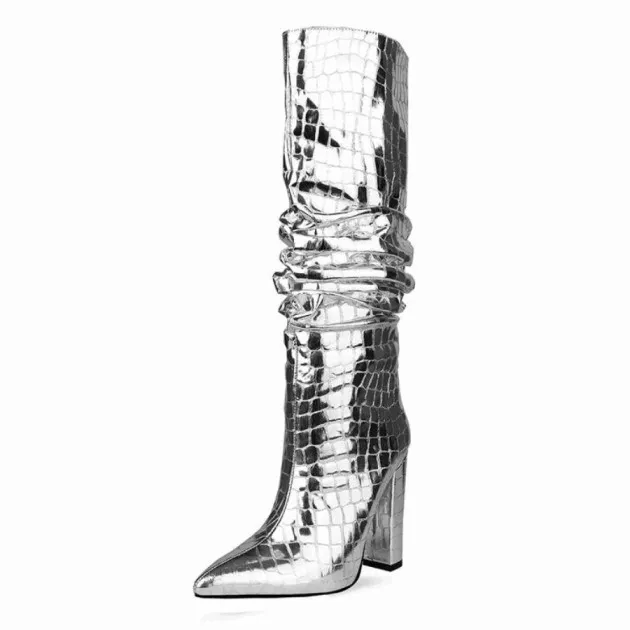 Metal Stone Pattern Thick High-heeled Stovepipe Boots Makayla