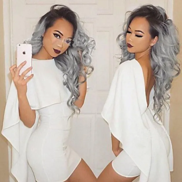 2 Tones synthetic lace wig grey black Ombre wavy wigs long curly hair Gracelyn