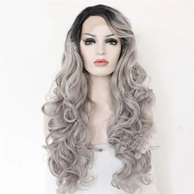 2 Tones synthetic lace wig grey black Ombre wavy wigs long curly hair Gracelyn