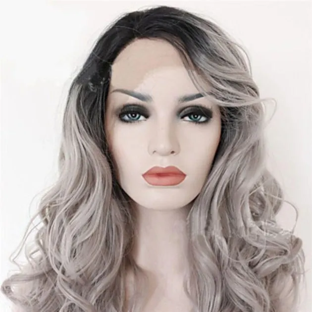 2 Tones synthetic lace wig grey black Ombre wavy wigs long curly hair Gracelyn