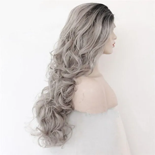 2 Tones synthetic lace wig grey black Ombre wavy wigs long curly hair Gracelyn