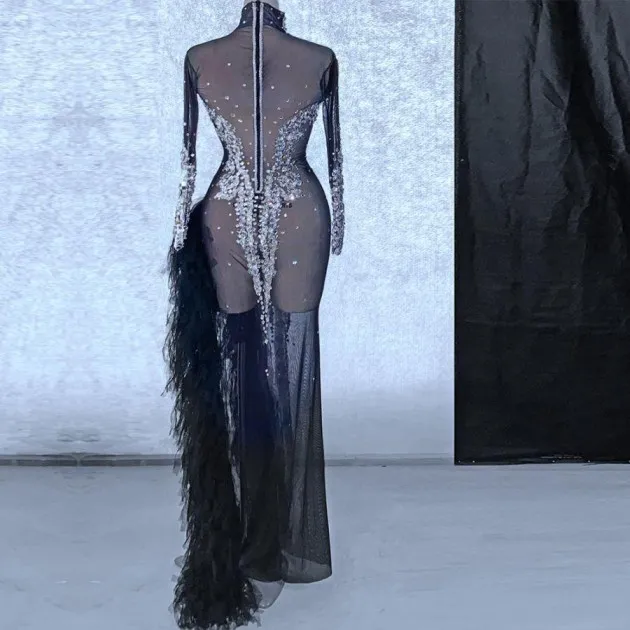 Mesh Lace Long Sleeve Sequin Split Dress Party Evelynn