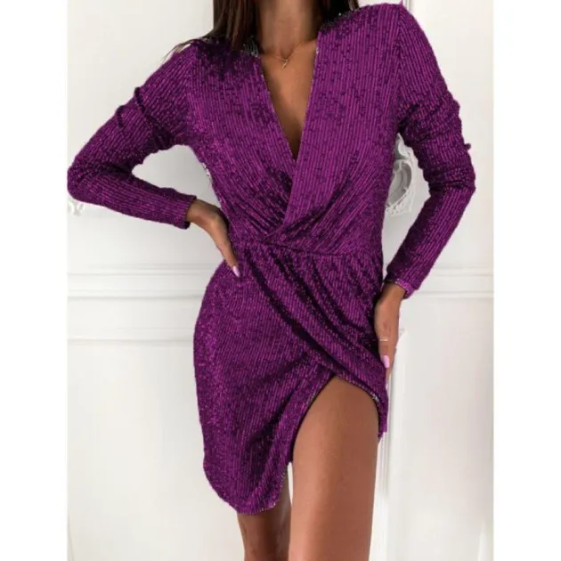 Ladies Sequin Dress Long Sleeve V-Neck Mini Skirt