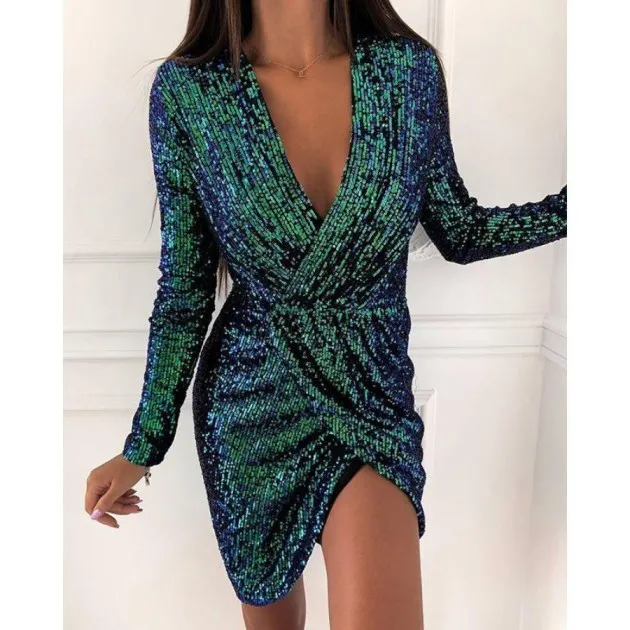 Ladies Sequin Dress Long Sleeve V-Neck Mini Skirt