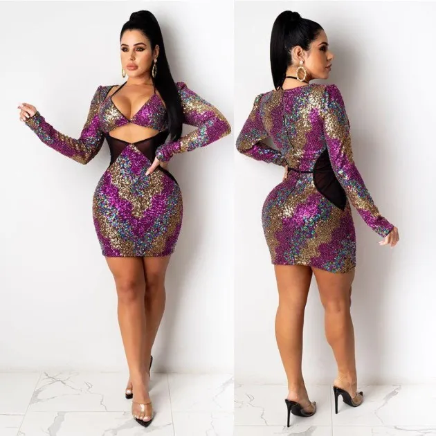 Commuter Print Sequined Long Sleeve Dress