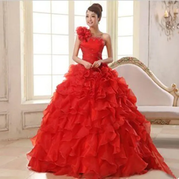 One Shoulder Annual Party Evening Dress Long Stage Costume Puff Skirt