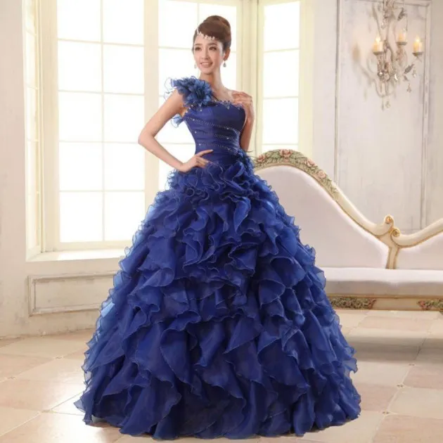 One Shoulder Annual Party Evening Dress Long Stage Costume Puff Skirt