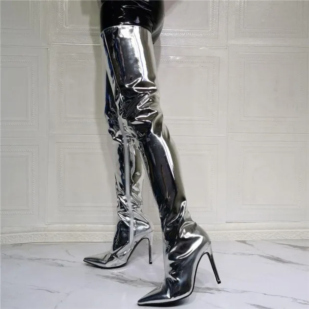 Silver Patent Leather Above Knee Size