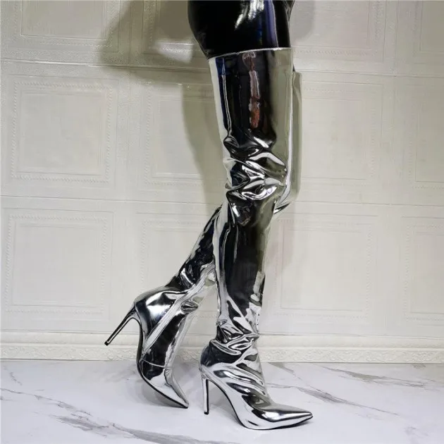 Silver Patent Leather Above Knee Size