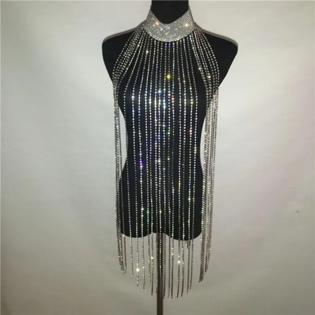 Rhinestone Tassel Necklace Body Chain Halter