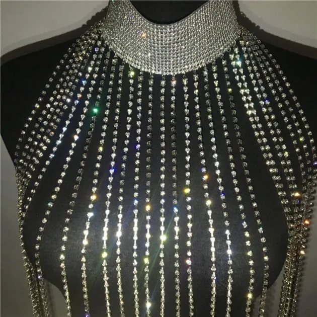 Rhinestone Tassel Necklace Body Chain Halter