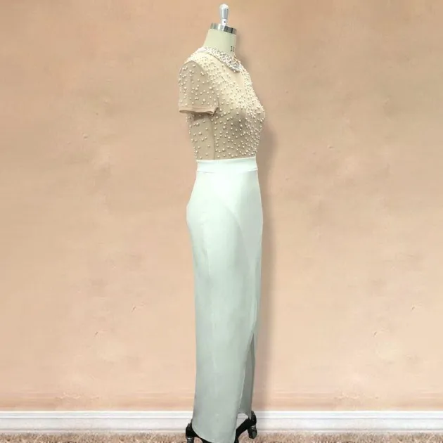 Sexy See-through Tulle And Beaded Round Neck Short-sleeved Evening Dress