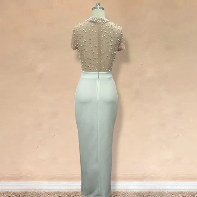 Sexy See-through Tulle And Beaded Round Neck Short-sleeved Evening Dress