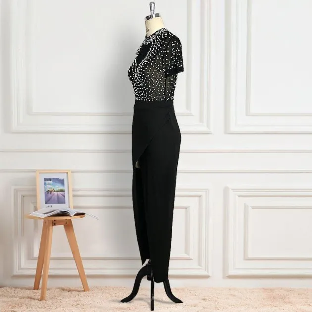 Sexy See-through Tulle And Beaded Round Neck Short-sleeved Evening Dress