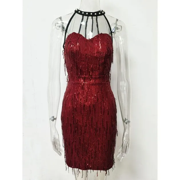 Mesh Stitching Sleeveless Round Neck Beaded Tassel Sequin Sexy Dress