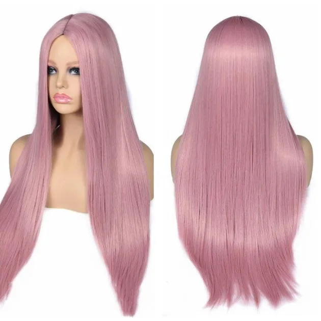 Split Scalp Pink Long Straight Hair Fiber Wig