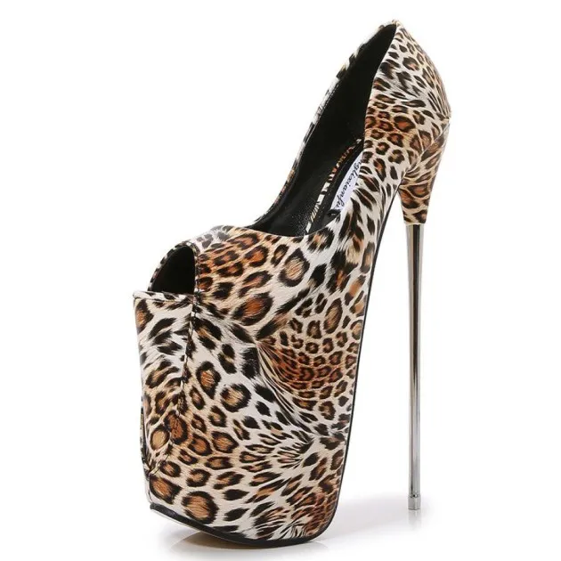 Estampado de leopardo Boca de pescado Tacones altos Stiletto de hierro Tamaño grande