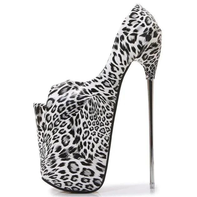 Estampado de leopardo Boca de pescado Tacones altos Stiletto de hierro Tamaño grande