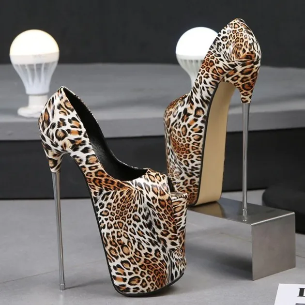 Leopard Print Fish Mouth High Heels Iron Stiletto Large Size
