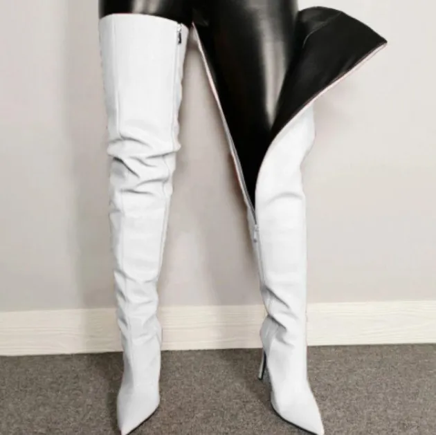 Botas de color Cremallera lateral puntiaguda Tacón alto Stiletto Talla grande Sobre la rodilla