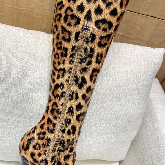 Leopard Print Stretch Tall High Heel Boots