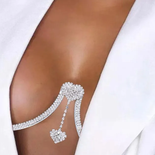 Ladies Double Heart Pendant Rhinestone Chest Support Body Chain