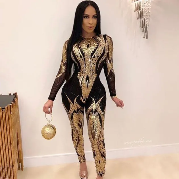 Sequined womens long-sleeve see-through jumpsuit