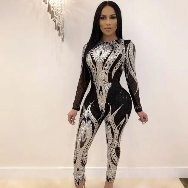 Sequined womens long-sleeve see-through jumpsuit