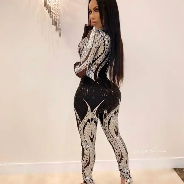Sequined womens long-sleeve see-through jumpsuit