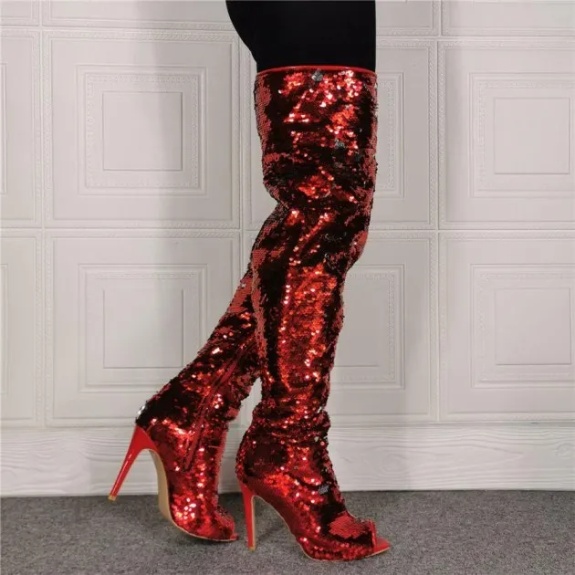 Womens Fashion Fish Mouth Sequin hoge hak overknee laarzen